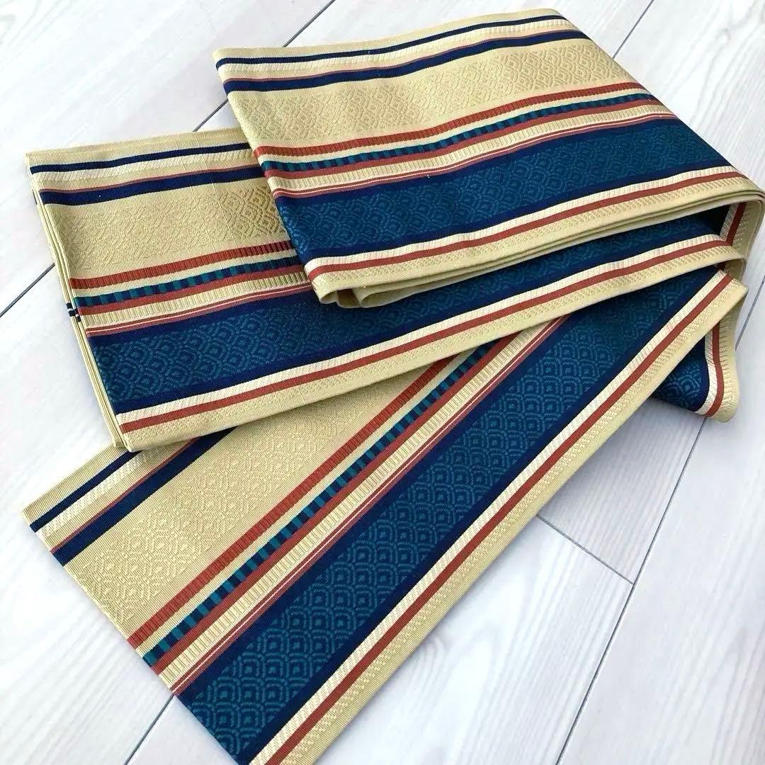 本場筑前博多織　半幅帯　縞模様　織り出し　正絹　タグ付　青海波　No.1-22