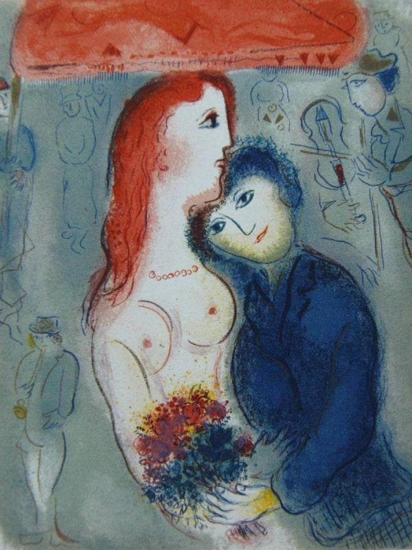 マルク・シャガール、【恋人たち】、希少な画集画、状態良好、新品マット・額装付