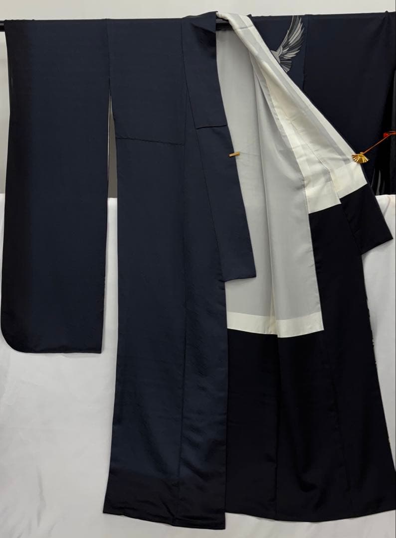 斉藤三才　成人式振袖　長襦袢付　着物　正絹　鳩／濃紺系《き676》#江戸小もーん