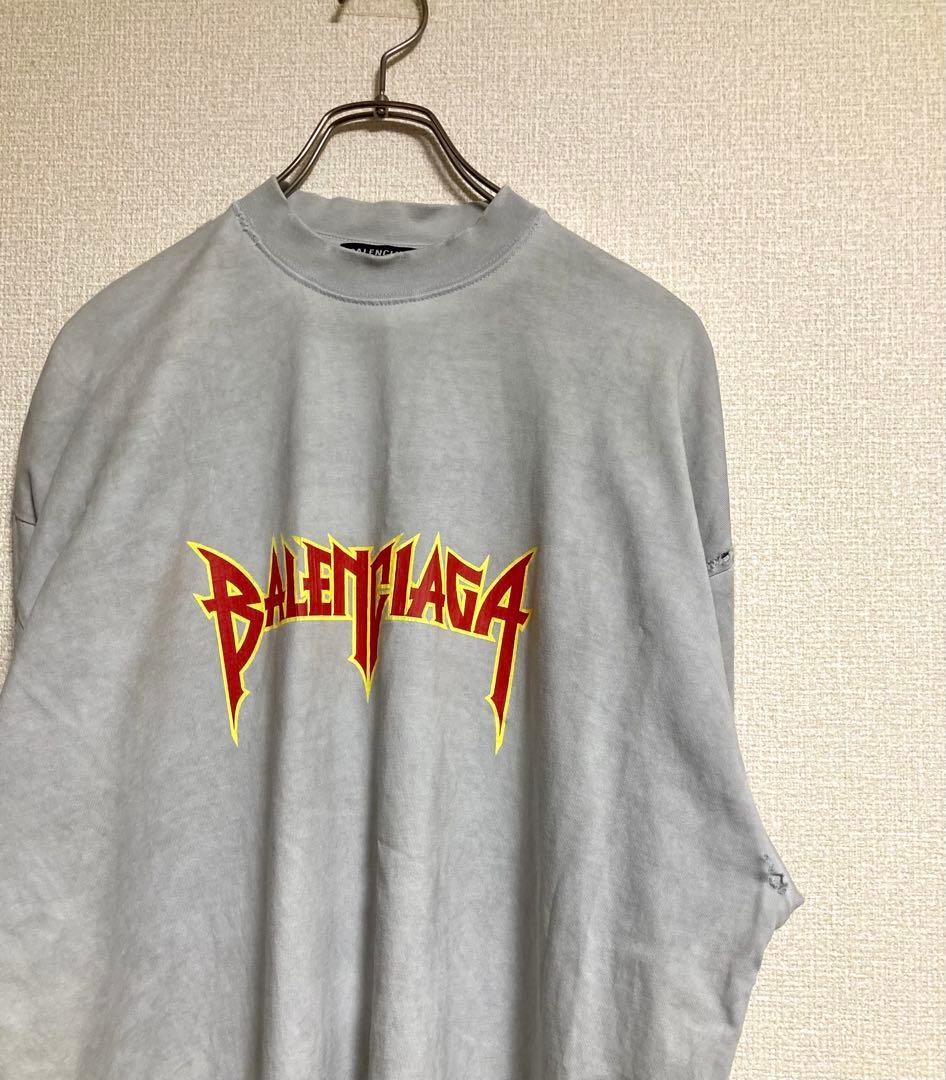 BALENCIAGA バレンシアガ　デストロイ　メタルロゴ　tシャツ グレー