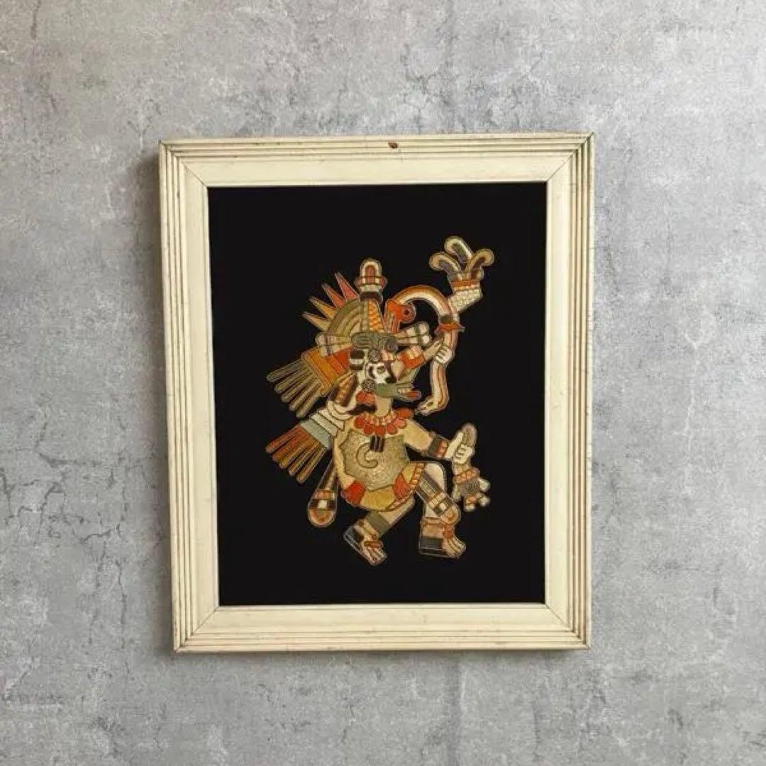貴重☆アステカ文明ナチュラルな麦わらアート絵　アンティーク壁掛け　マヤ　メキシコ