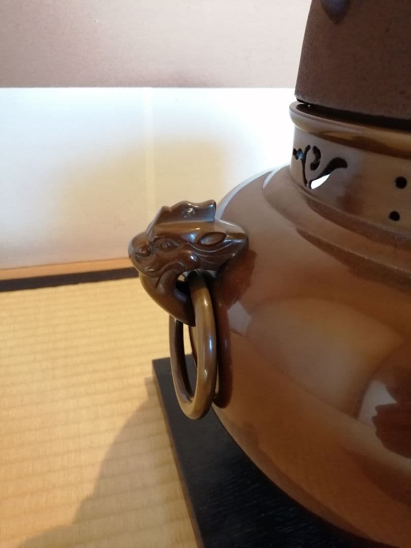 【茶道具】畠春斎 一ノ瀬宗辰造　唐銅鬼面風炉撫肩平丸釜添　茶釜　釜396