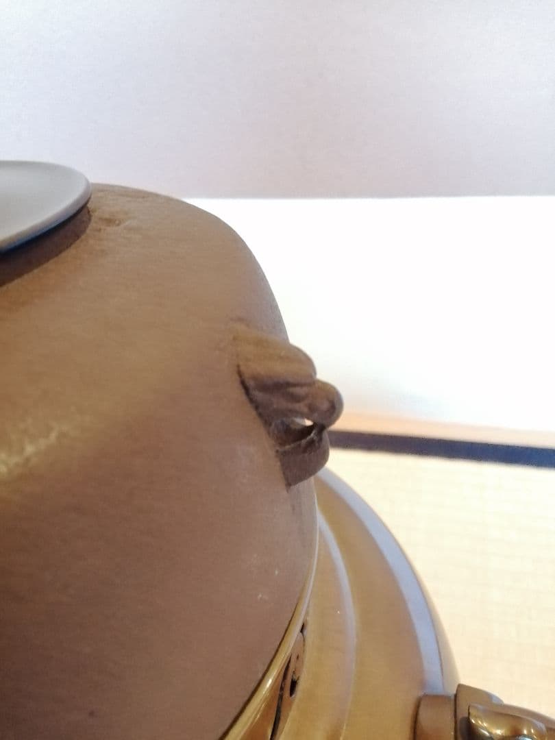 【茶道具】畠春斎 一ノ瀬宗辰造　唐銅鬼面風炉撫肩平丸釜添　茶釜　釜396