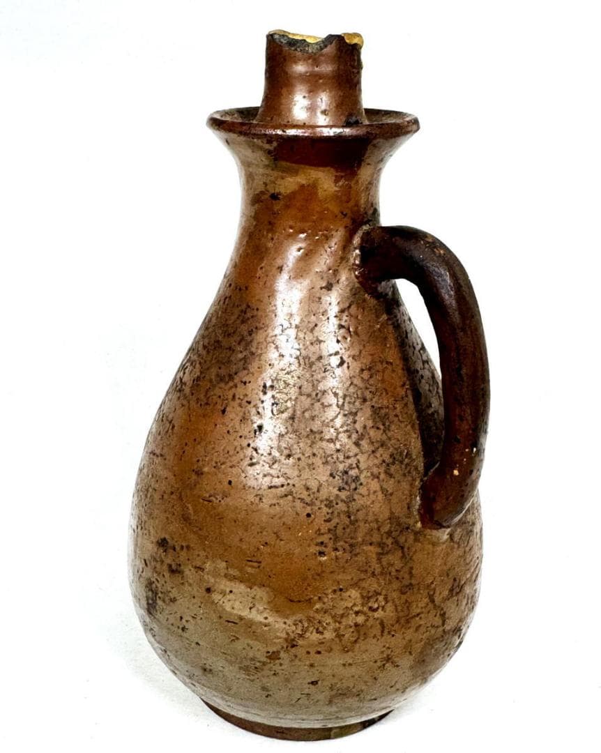 李朝 茶褐釉 手付灯火器油壺 伝世品焼物 古玩 骨董 朝鮮古美術 WWTT225