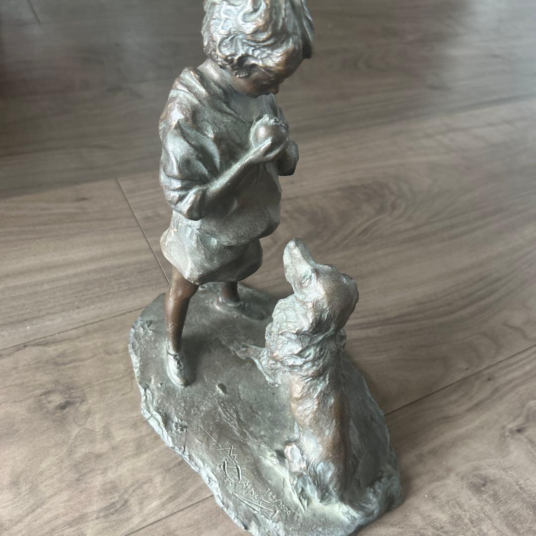高岡作家　大道寺光弘 作 『フレンズ』 ブロンズ　少女と犬置物　重約4000克