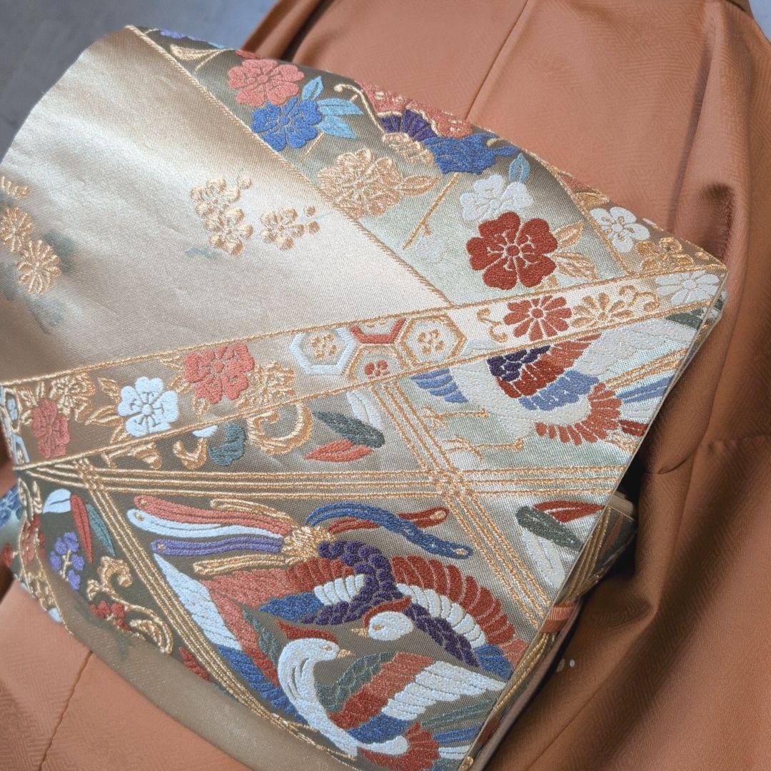 訪問着　フルセット　着物　正絹　赤茶橙　鳥　扇　梅　花　刺繍　しつけ糸　F2