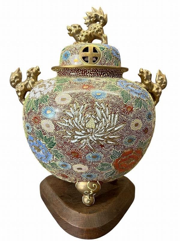 ※専用　九谷焼 金彩色絵 花尽し 花詰文 獅子摘 金襴手 大香炉 約46cm