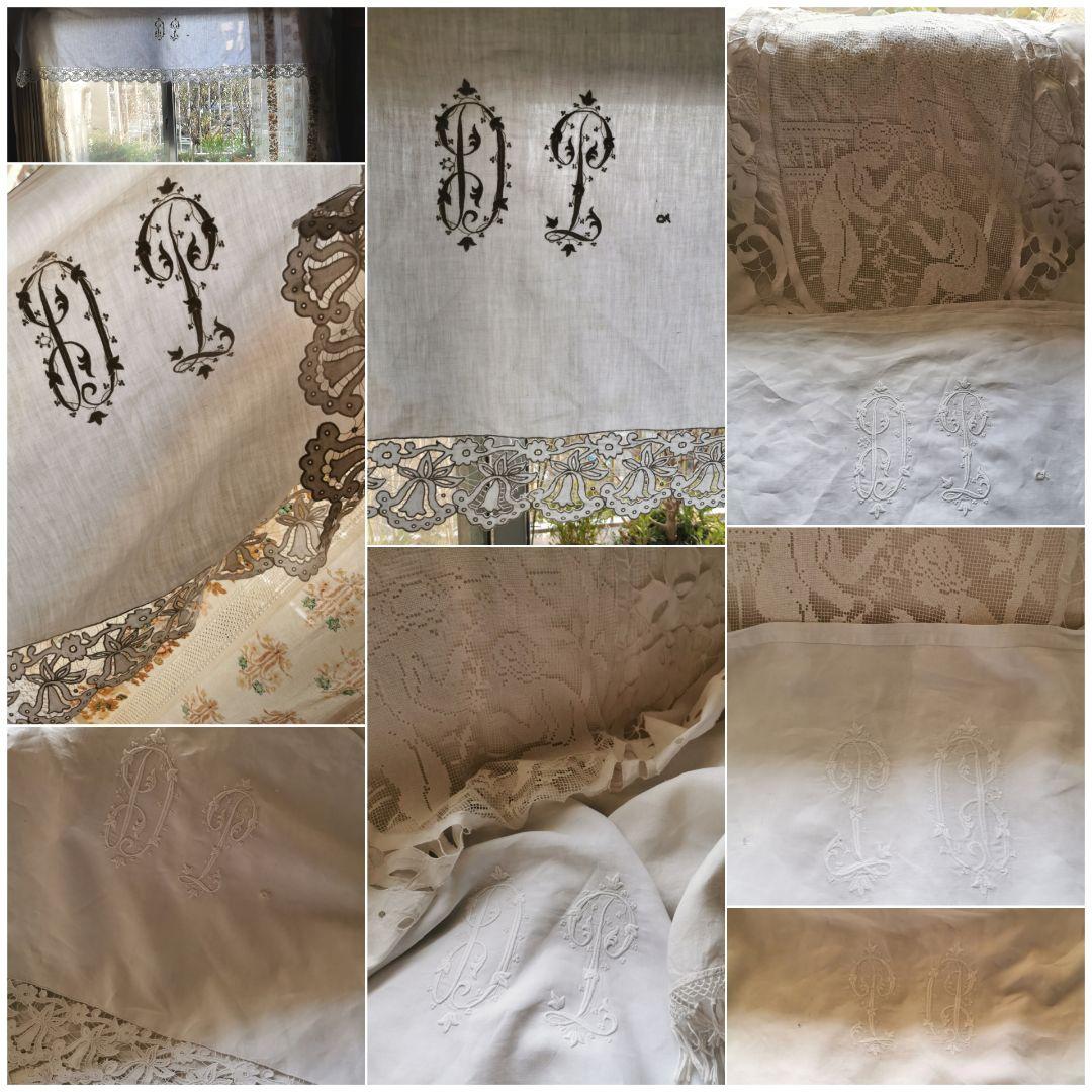 アンティーク イニシャル刺繍ＤＰ ベル風スカラップ花トリム ロングクロスカーテン