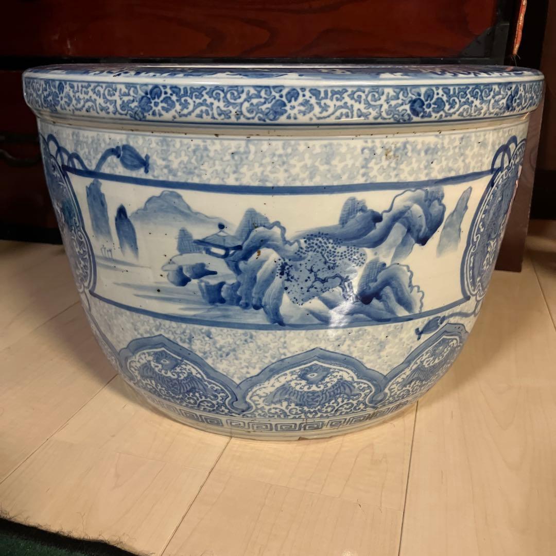 青白い陶器の火鉢 昭和レトロ　インテリア