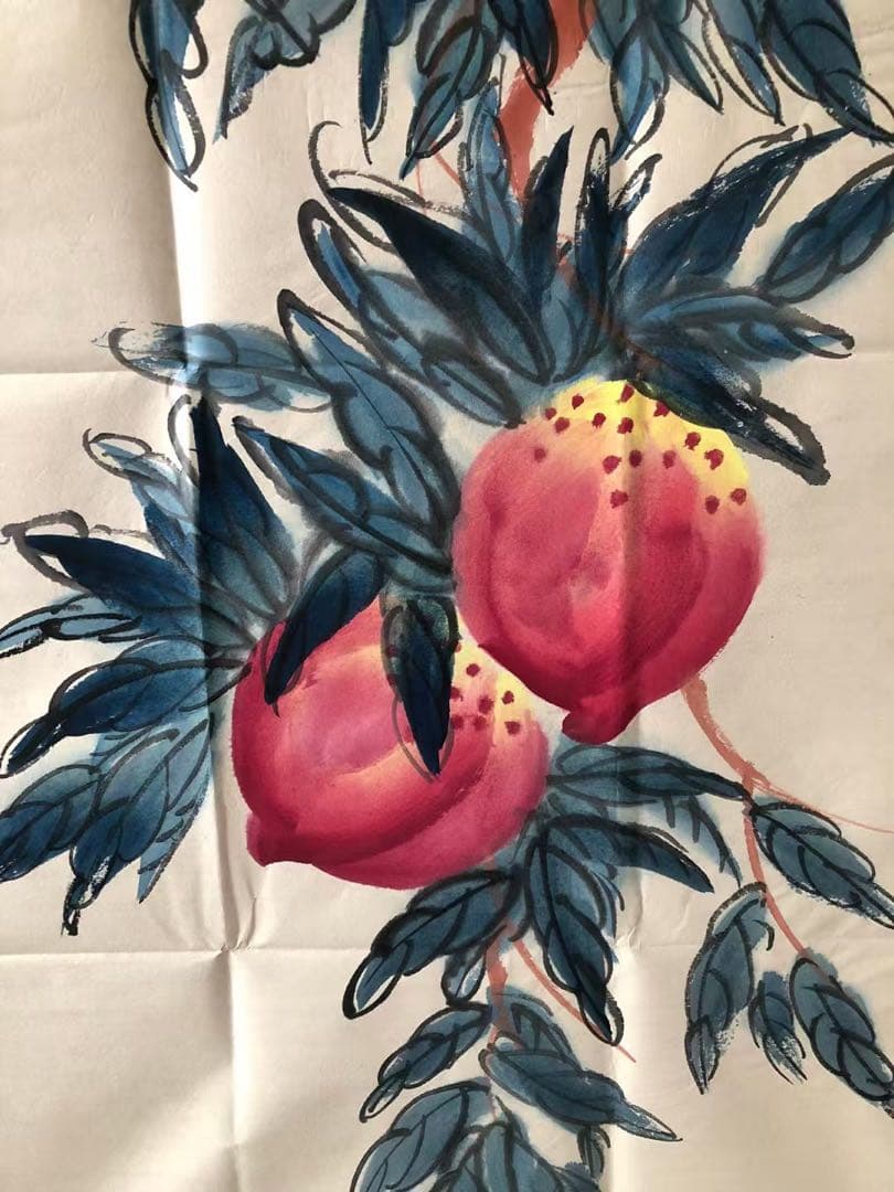 中国古美術・桃図三尺画芯・斉白石印款・水墨彩色画・純手描き・文房・宣紙・带水印