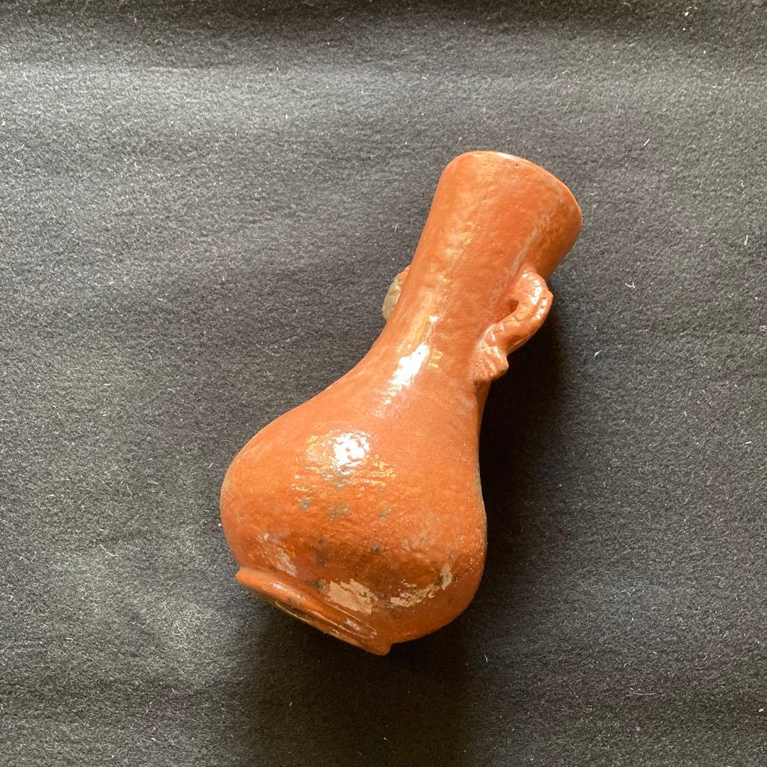 中村道年尼　「赤楽鯉耳付花生」押印　　共箱　高21.5×径11cm 八事窯　楽焼