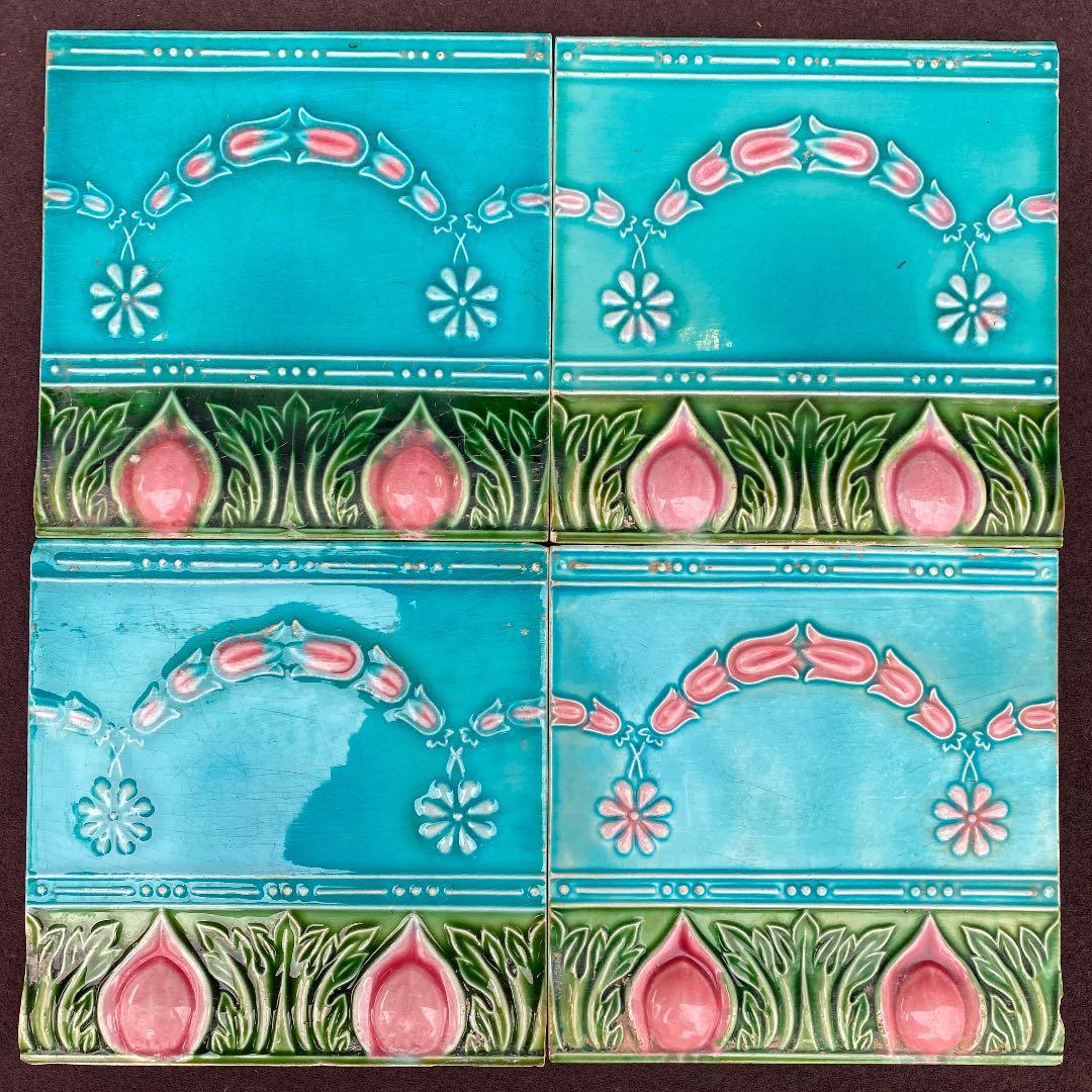 ハンドメイド日本製アンティークマジョリカタイル⑦Ａ４枚セット　プラナカンタイル