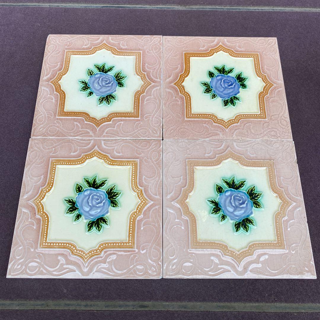 ハンドメイド日本製アンティークマジョリカタイル⑧Ａ４枚セット　プラナカンタイル