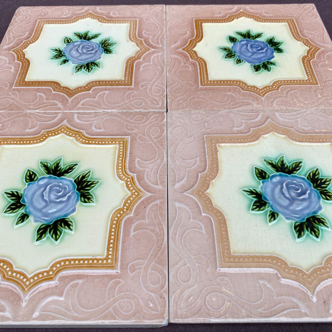 ハンドメイド日本製アンティークマジョリカタイル⑧Ａ４枚セット　プラナカンタイル