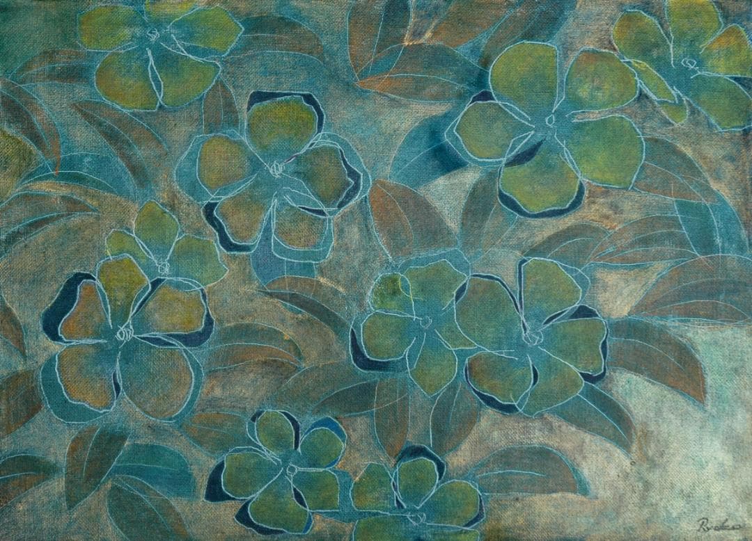 油絵 菅家令子 絵 絵画インテリア 額付(青緑＋金色の枠) F4-091716花