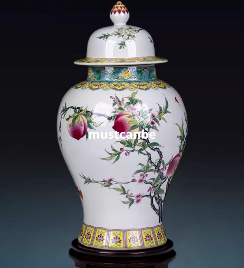 パステル九桃将軍缶 貯蔵物缶 景徳鎮 陶磁器装飾品 現代工芸品 美術品 置物