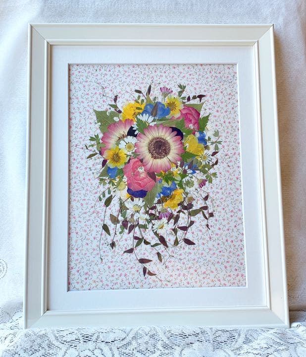 出品再開✨花 SAIKA 押し花アートインテリアホワイト額　ピンクガーベラブーケ