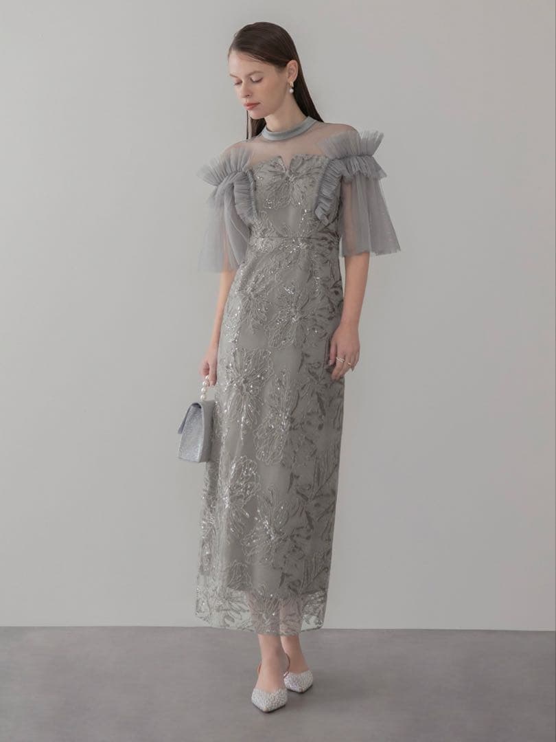 チュールフリルショルダーシアーIラインワンピースドレス結婚式パーティー二次会