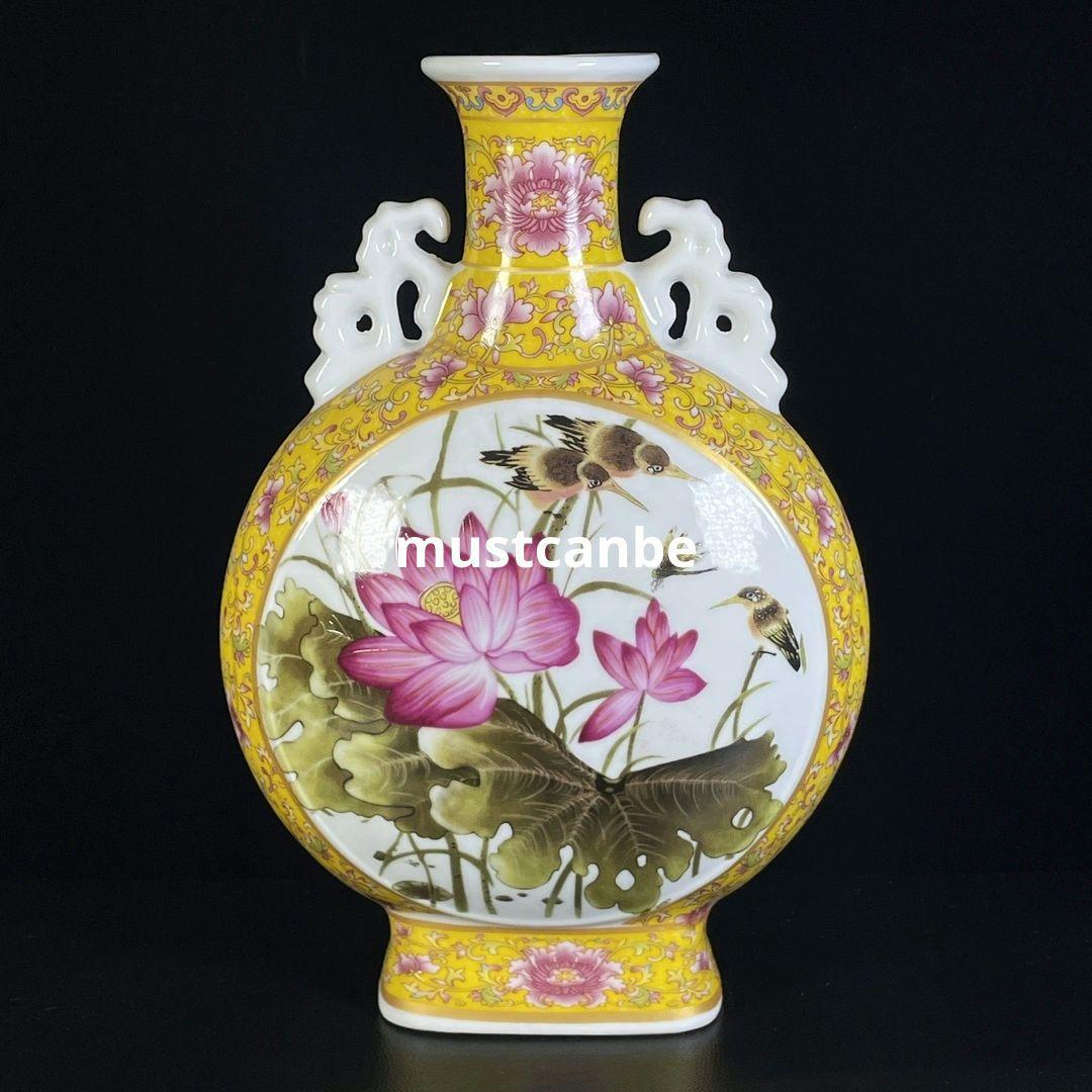 粉彩花鳥双耳抱月瓶 景徳鎮 陶磁器 装飾品 現代工芸品 美術品 置物