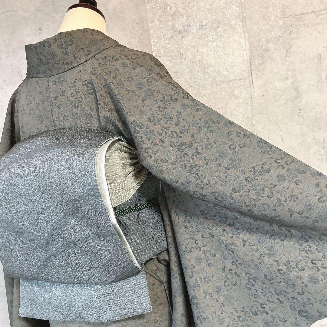 小紋　フルセット　着物　正絹　更紗模様　草花　シック　大人かわいい　k4