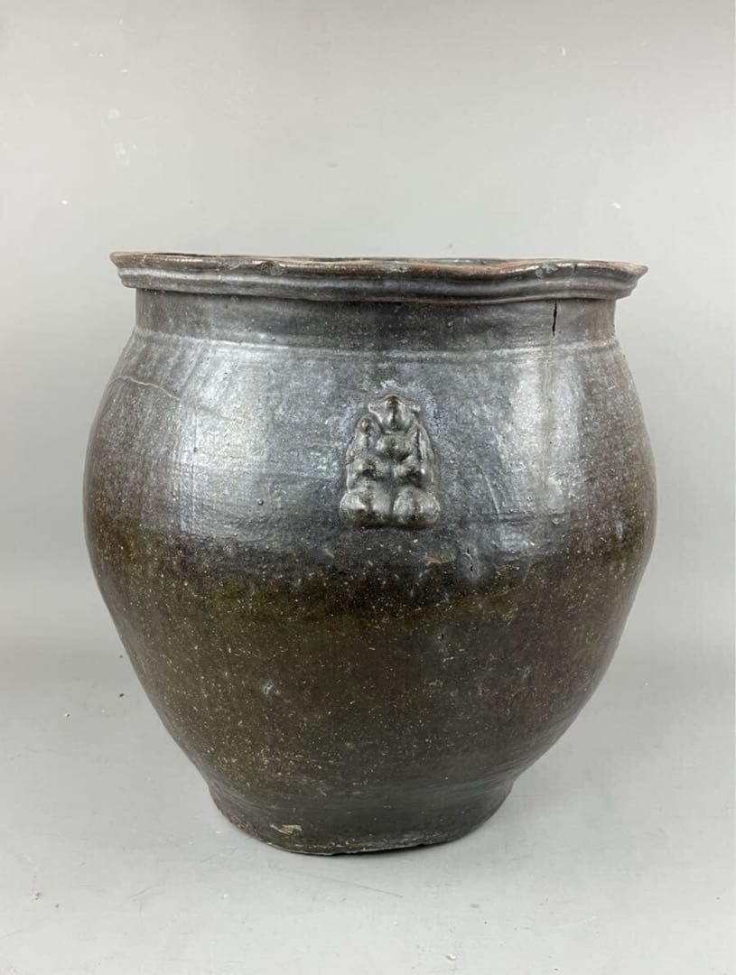 鹿児島旧家蔵出し古薩摩 大瓶 七福神 布袋 張付文 甘酒半胴 薩摩焼 花瓶 飾壺