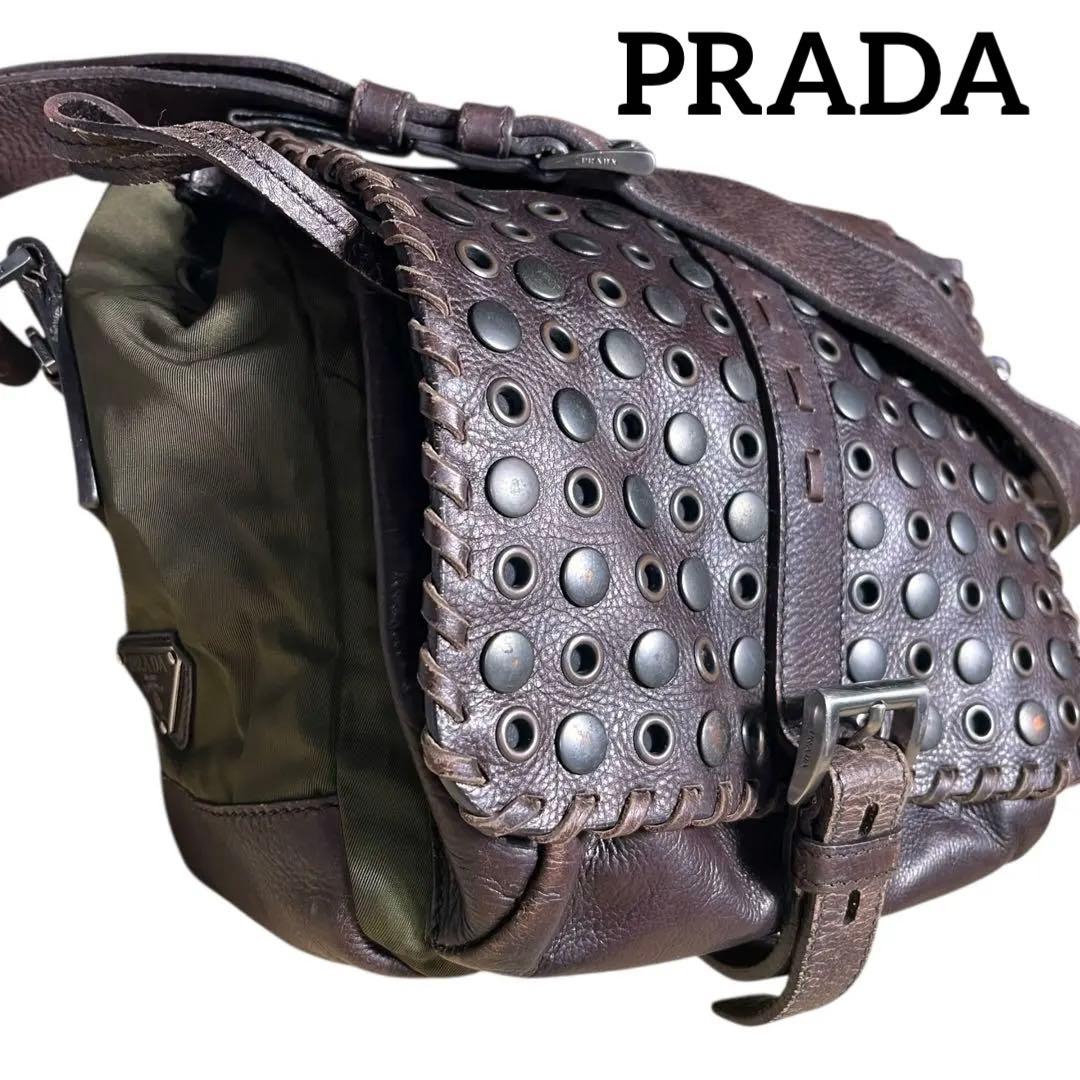 希少　archive PRADA スタッズ　ナイロン　レザー　ショルダーバッグ