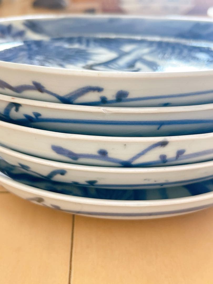 稀少 古伊万里 染付 竹文様 中皿 5客セット 江戸時代後期 手描き 骨董品