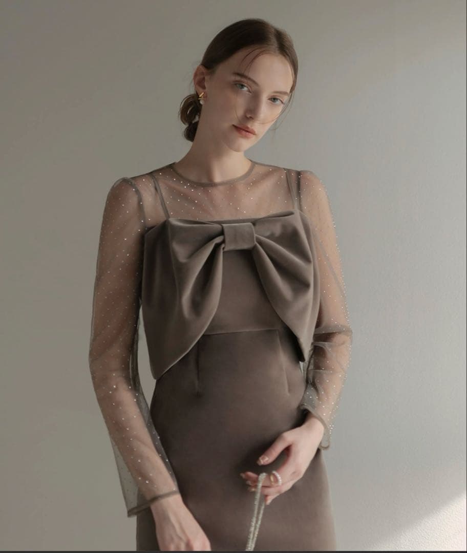 2WAYリボンビスチェドットストーンベロアIラインドレスワンピース 2点セット