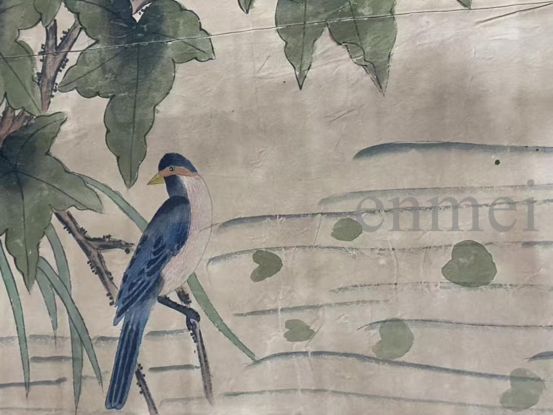 中国古美術・旧藏・明末風・周之冕款・花鳥画・絹本中堂掛軸・純手描き・書画・骨董品