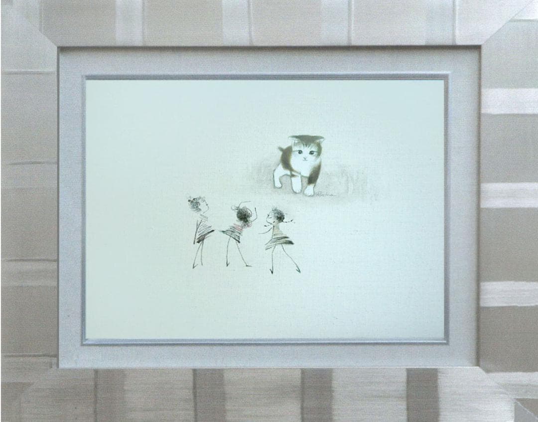 油絵 菅家令子 絵 絵画 インテリア額付(黒) F4-090218子猫と女の子蟻