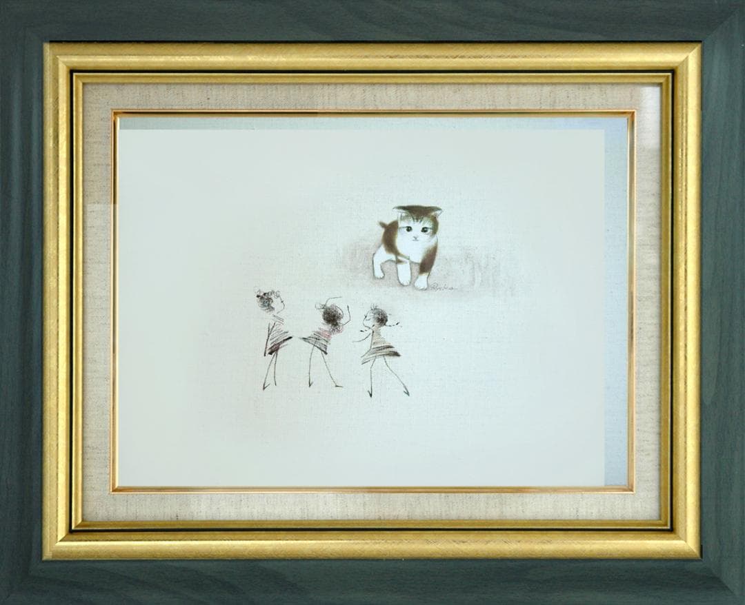 油絵 菅家令子 絵 絵画 インテリア額付(黒) F4-090218子猫と女の子蟻