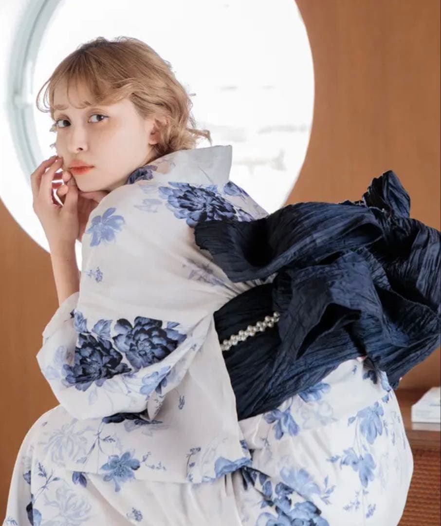 Dita 浴衣「水彩の勿忘草色」5点セット➕髪飾り2つ、フォーパールベルト