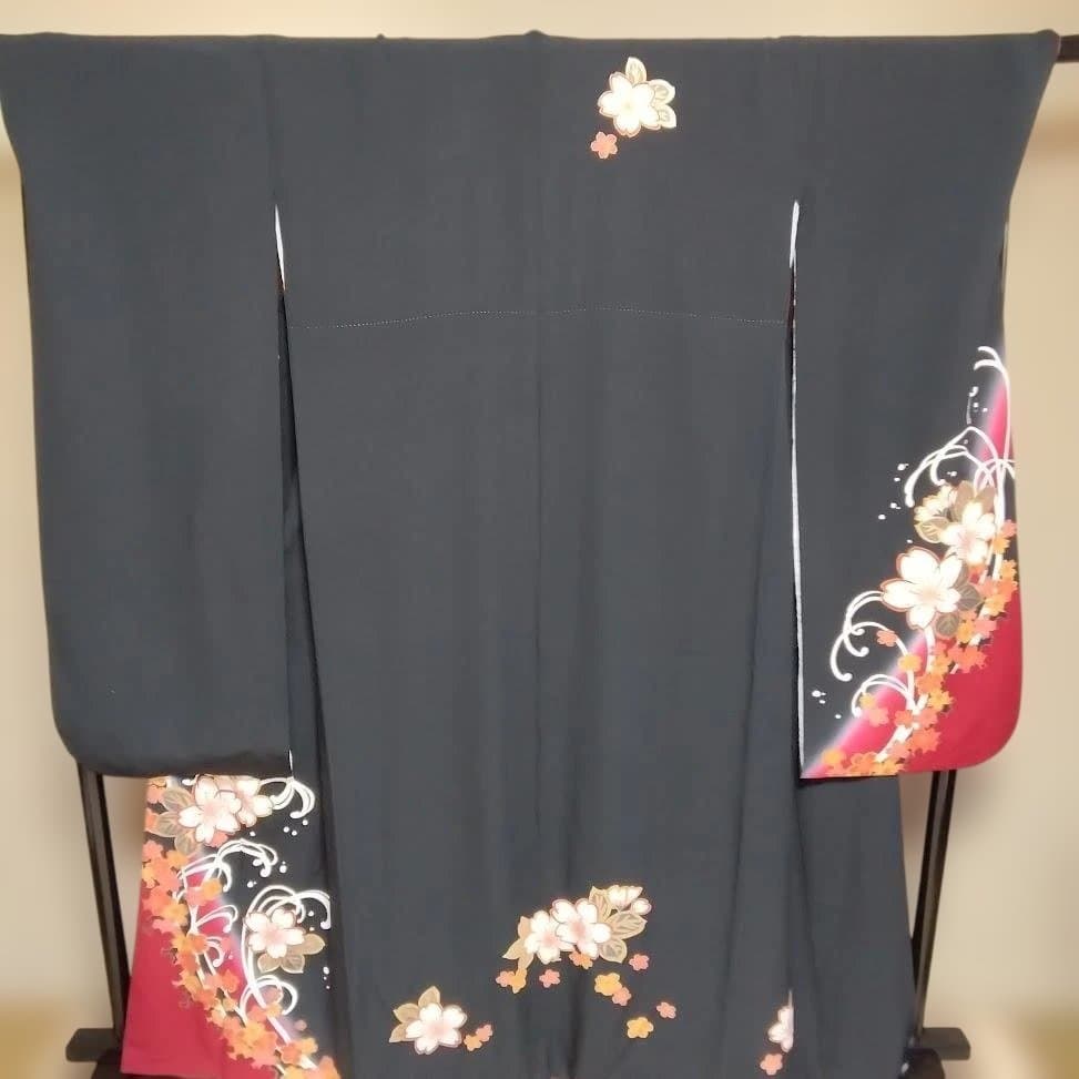 正絹　振り袖　黒地にさくら柄　トールサイズ
