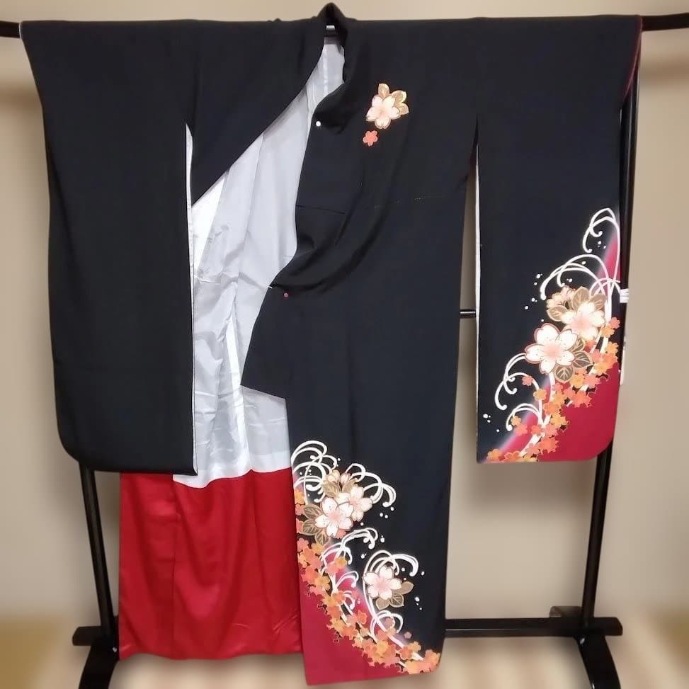 正絹　振り袖　黒地にさくら柄　トールサイズ