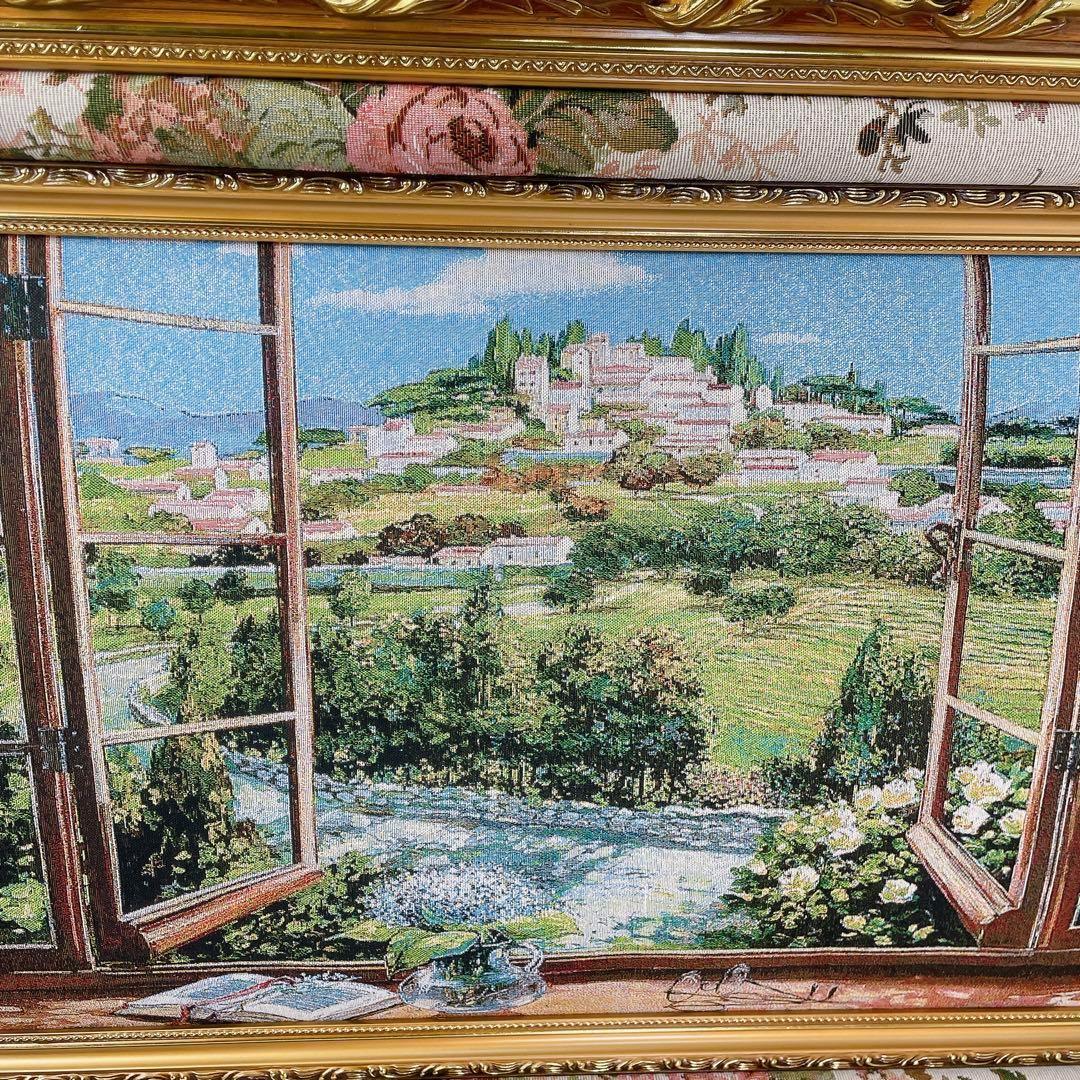 【美品】絵画　『窓から眺める丘』　フランス・ゴブラン織り使用　良質　額絵