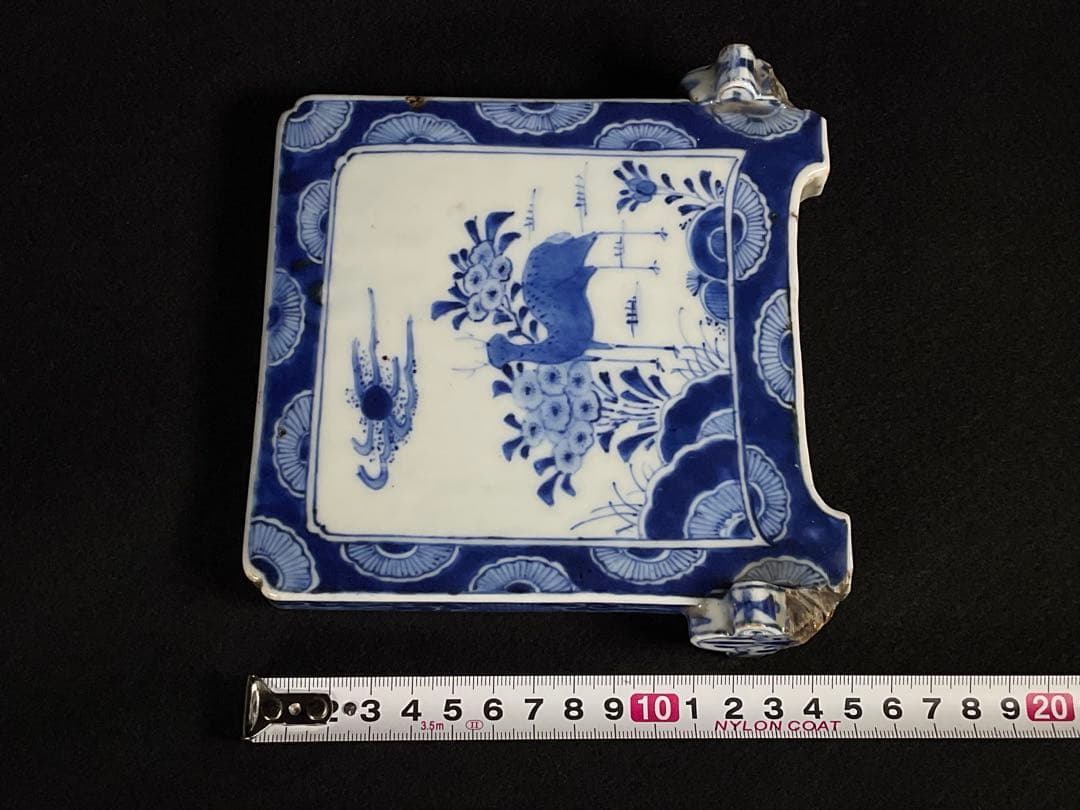 時代硯屏　染付　鹿と花　硯　文房具　文房四宝　置物