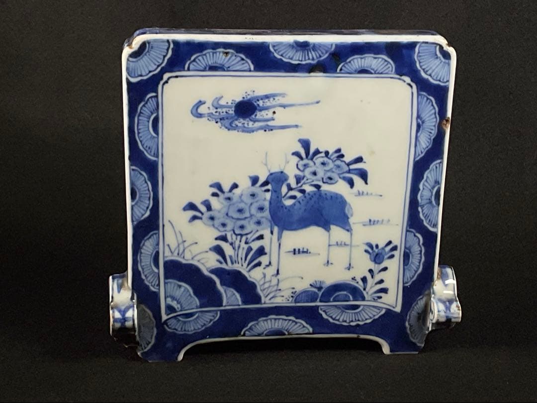 時代硯屏　染付　鹿と花　硯　文房具　文房四宝　置物