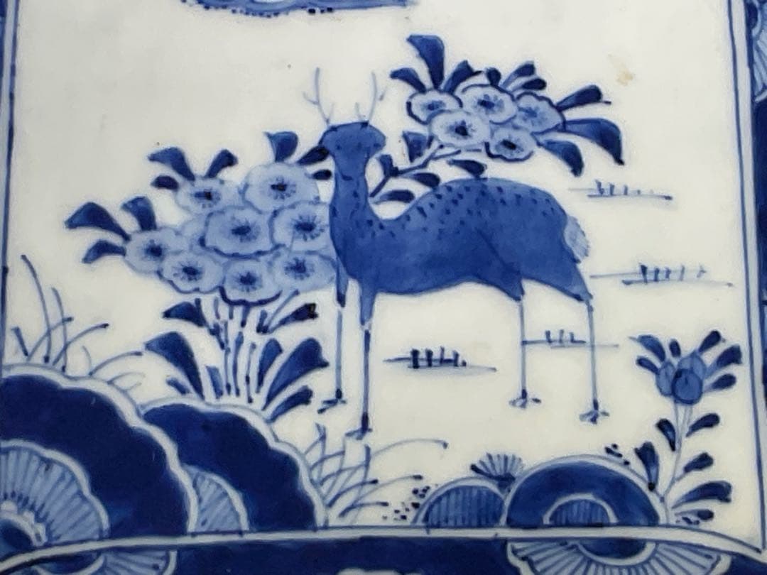 時代硯屏　染付　鹿と花　硯　文房具　文房四宝　置物