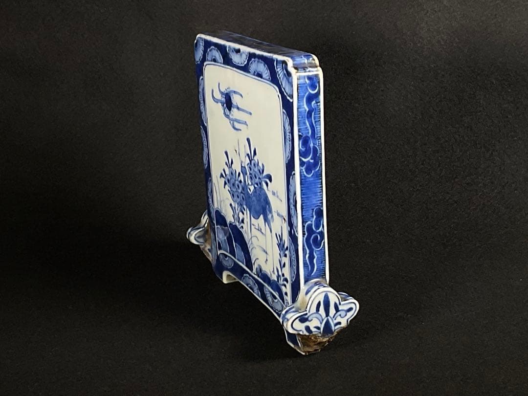 時代硯屏　染付　鹿と花　硯　文房具　文房四宝　置物