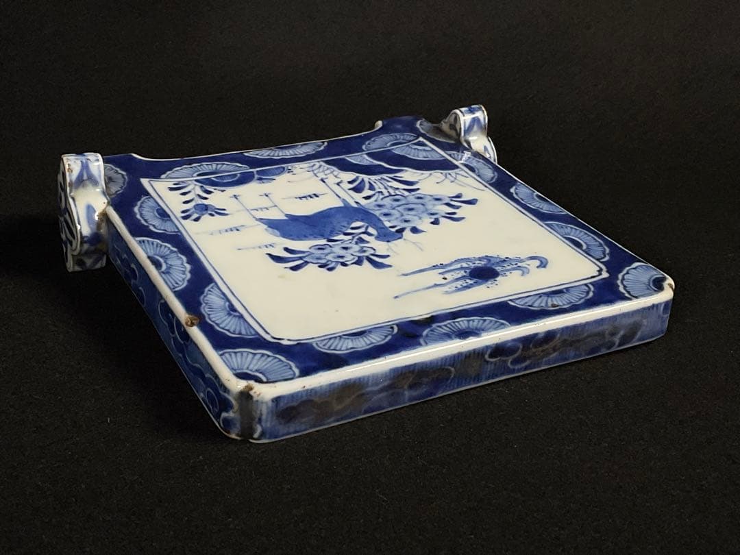 時代硯屏　染付　鹿と花　硯　文房具　文房四宝　置物