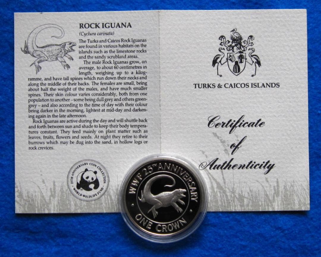８８年　タークスカイコス諸島　WWF２５周年記念　プルーフ銀貨　イグアナ図　１枚