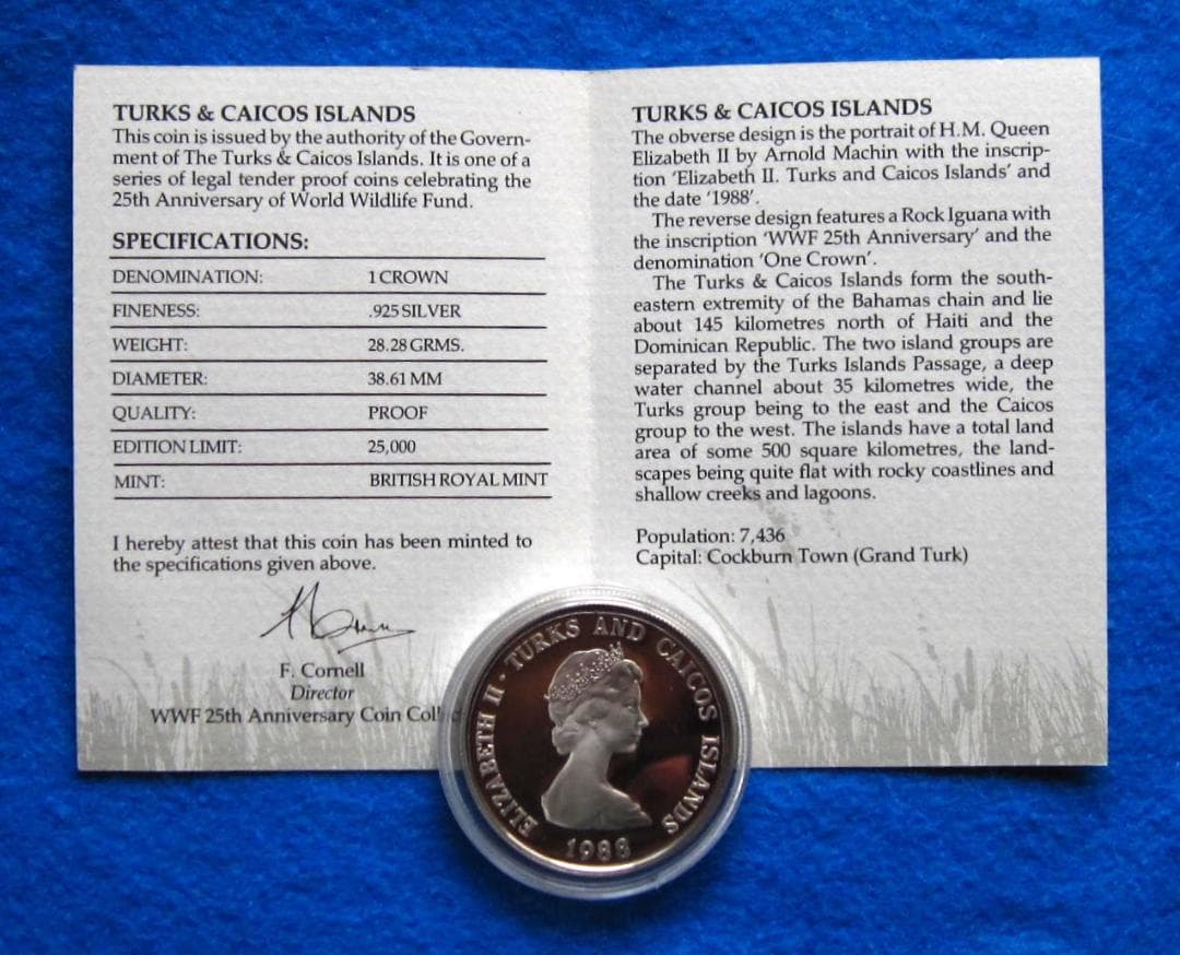 ８８年　タークスカイコス諸島　WWF２５周年記念　プルーフ銀貨　イグアナ図　１枚