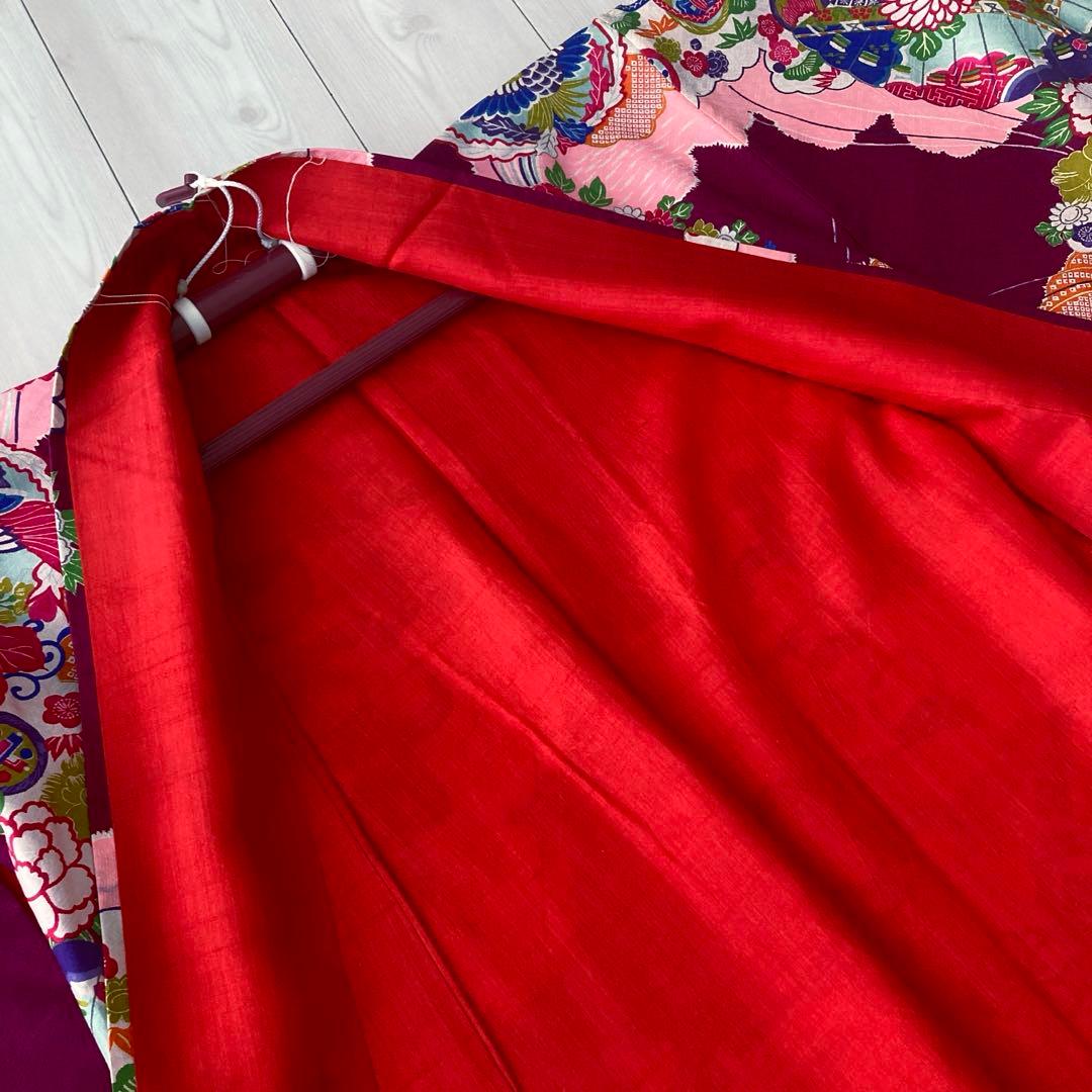 アンティーク着物　子供用　しつけ付　鳳凰・花模様　地紋　正絹　No.35