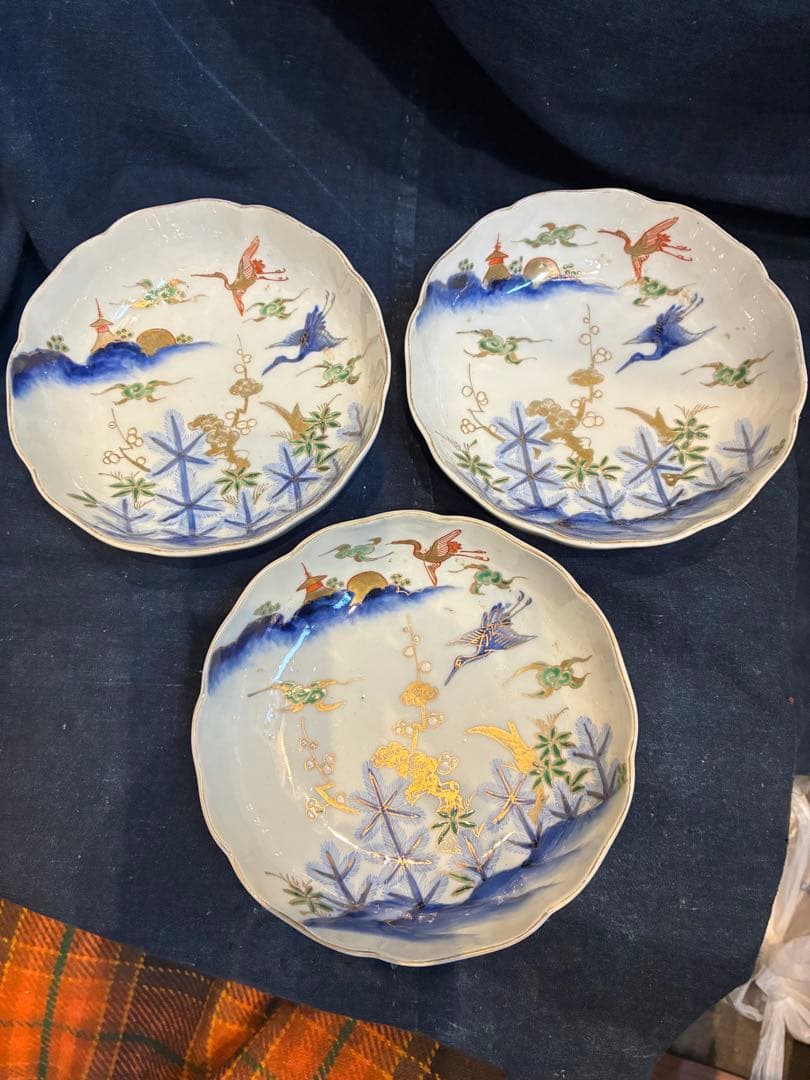 古伊万里　色絵金彩　なます皿　3枚　雲鶴　松竹梅　傷なし　明治