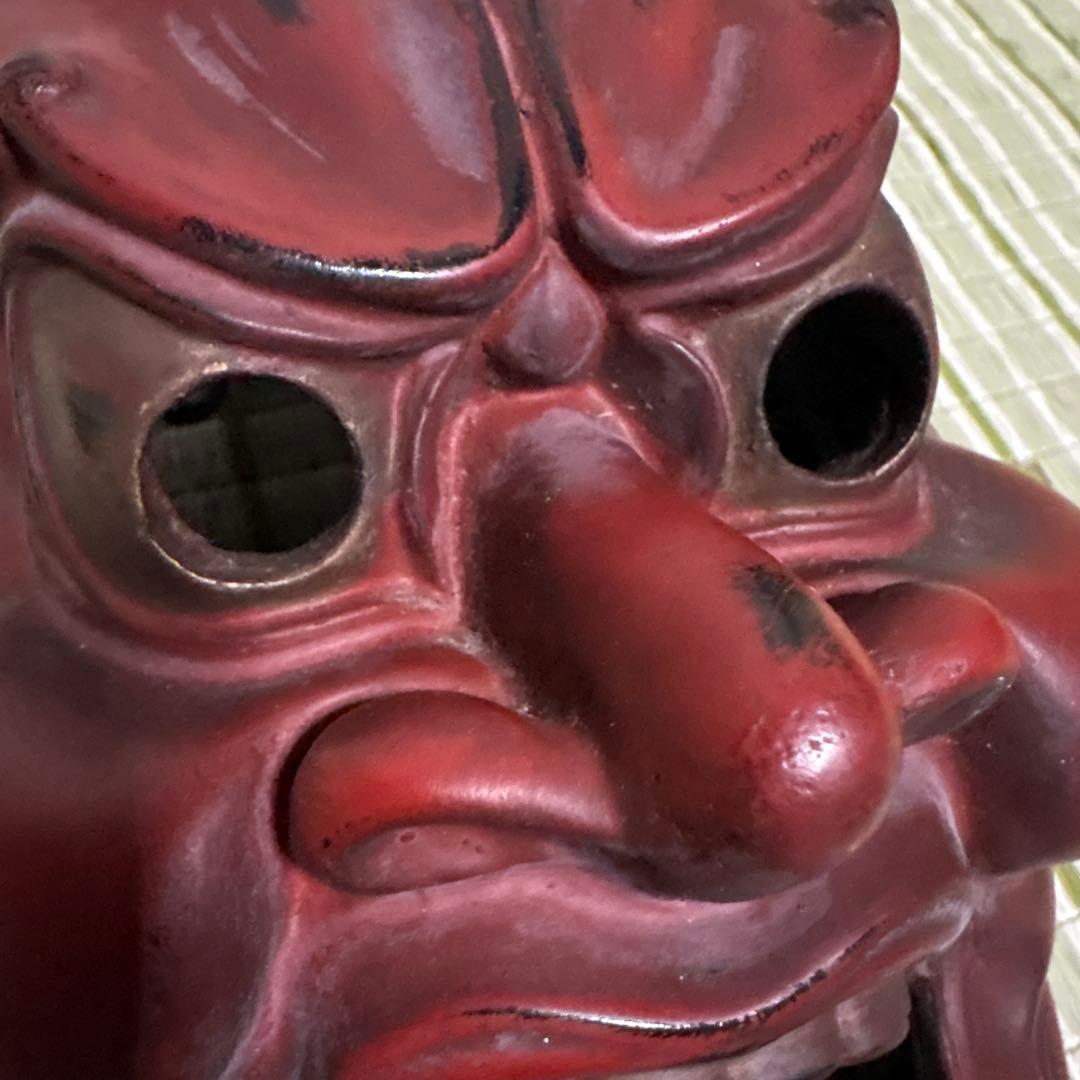 お面　能面　神楽面　仁王　仏具　鬼　男　赤　工芸品　渦　金剛力士　壁掛け　置物