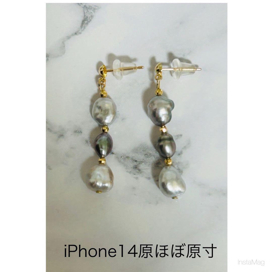 (M0104-3)K10,18YGタヒチ，南洋ケシパールぶら下がりピアス