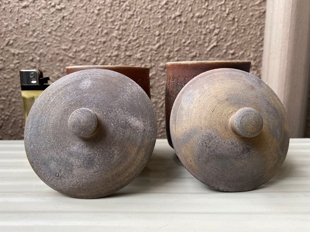 希少　備前焼　蓋付き湯呑みペアセット（木箱）般若心経