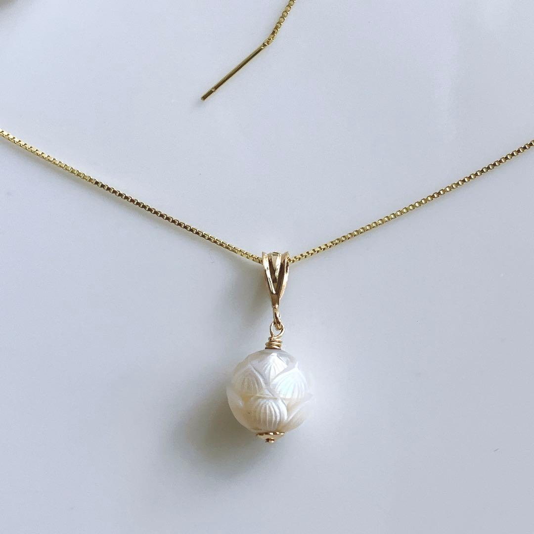 うぐいす◆1点物✧希少✧白蝶真珠ネックレス✧蓮カービング