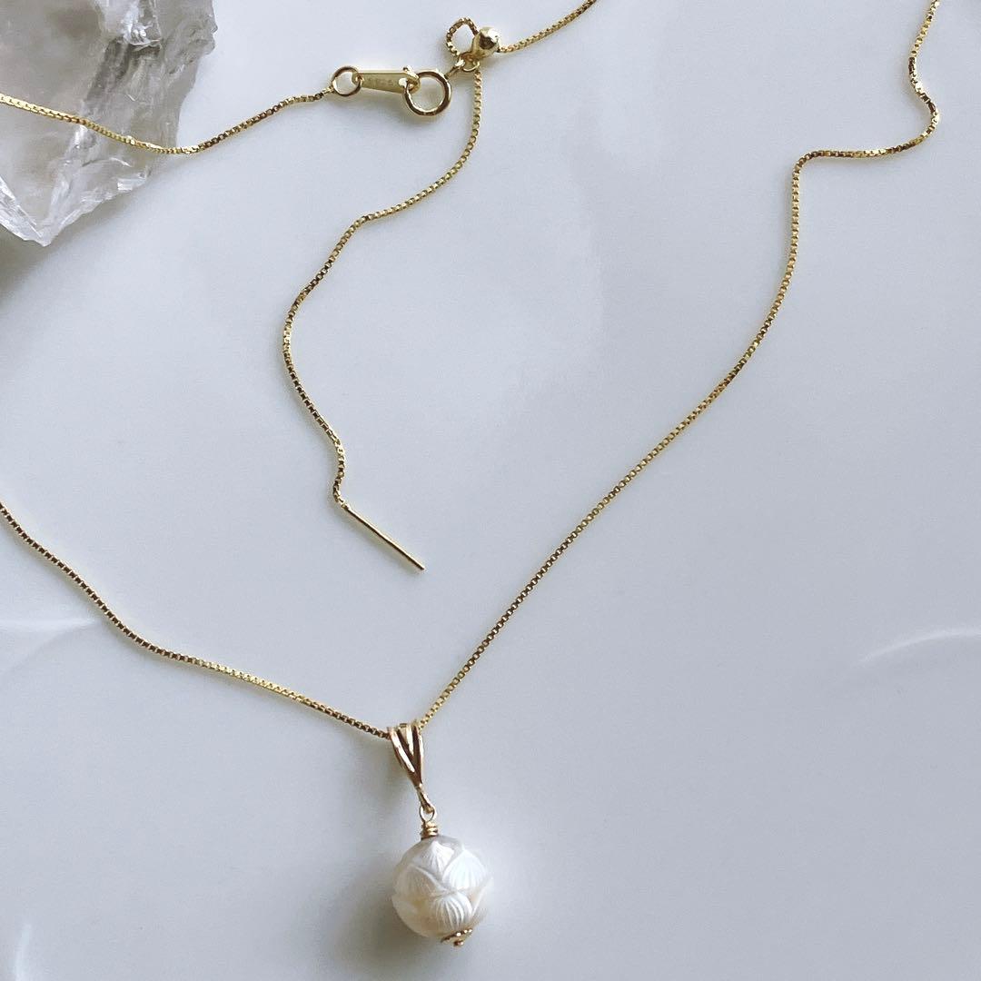 うぐいす◆1点物✧希少✧白蝶真珠ネックレス✧蓮カービング