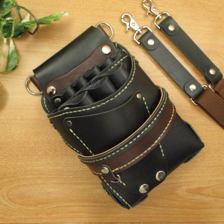 ☆特別価格☆濃いグリーン＆焦げ茶　８丁　本革シザーケース　SCA-143/AGA